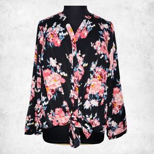 Torrid Floral Blouse 3X – Black Pink Rose Print Top Plus Size Long Sleeve
